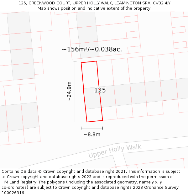 125, GREENWOOD COURT, UPPER HOLLY WALK, LEAMINGTON SPA, CV32 4JY: Plot and title map