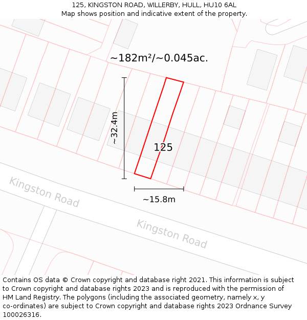 125, KINGSTON ROAD, WILLERBY, HULL, HU10 6AL: Plot and title map