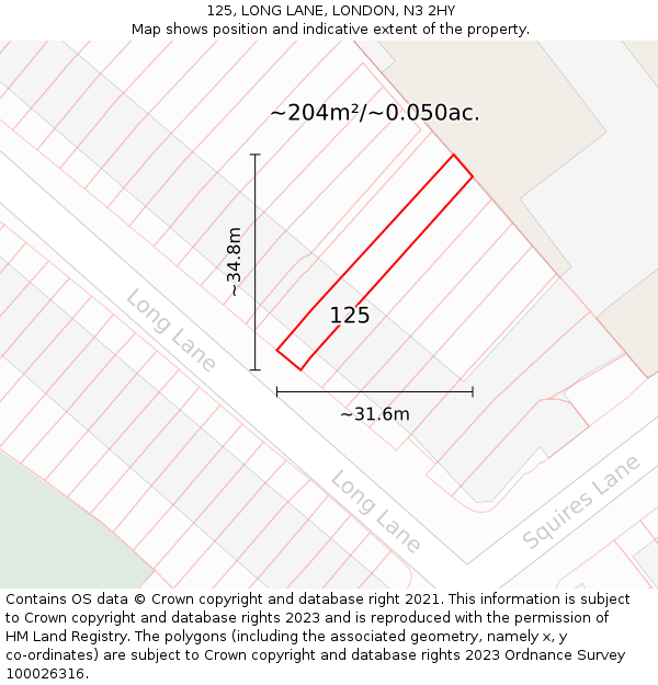 125, LONG LANE, LONDON, N3 2HY: Plot and title map