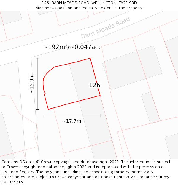 126, BARN MEADS ROAD, WELLINGTON, TA21 9BD: Plot and title map