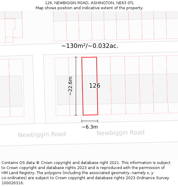 126, NEWBIGGIN ROAD, ASHINGTON, NE63 0TL: Plot and title map
