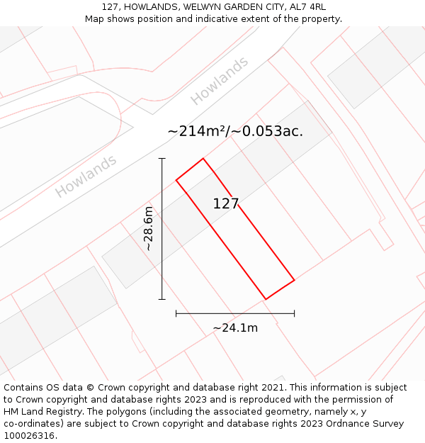 127, HOWLANDS, WELWYN GARDEN CITY, AL7 4RL: Plot and title map