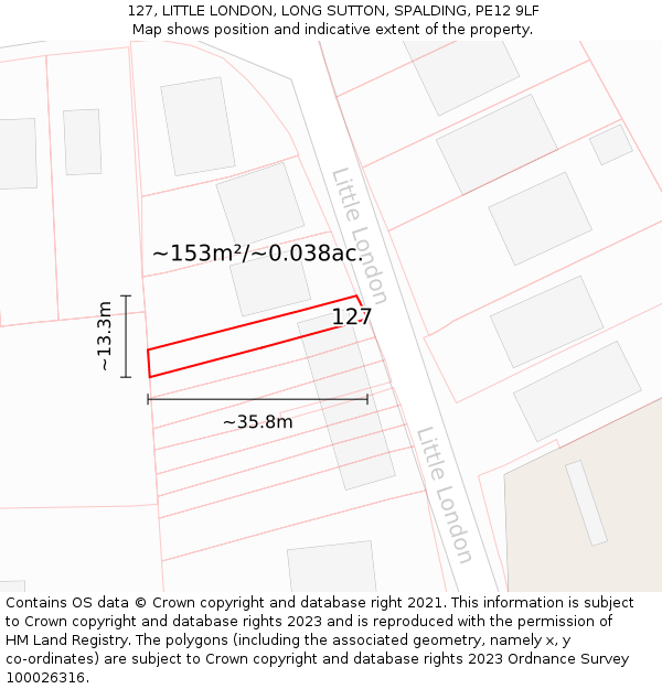 127, LITTLE LONDON, LONG SUTTON, SPALDING, PE12 9LF: Plot and title map