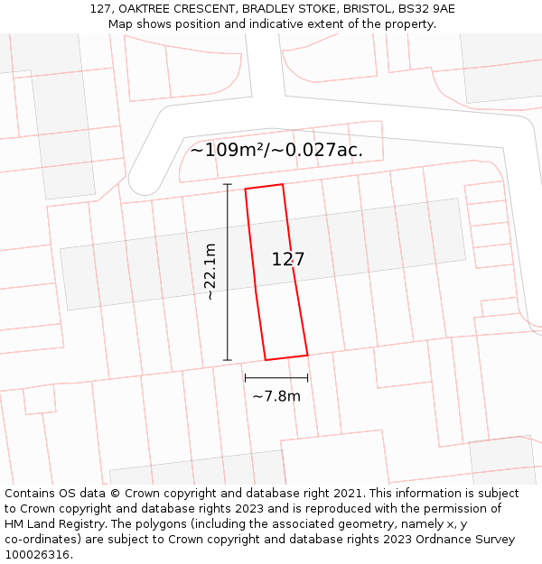 127, OAKTREE CRESCENT, BRADLEY STOKE, BRISTOL, BS32 9AE: Plot and title map
