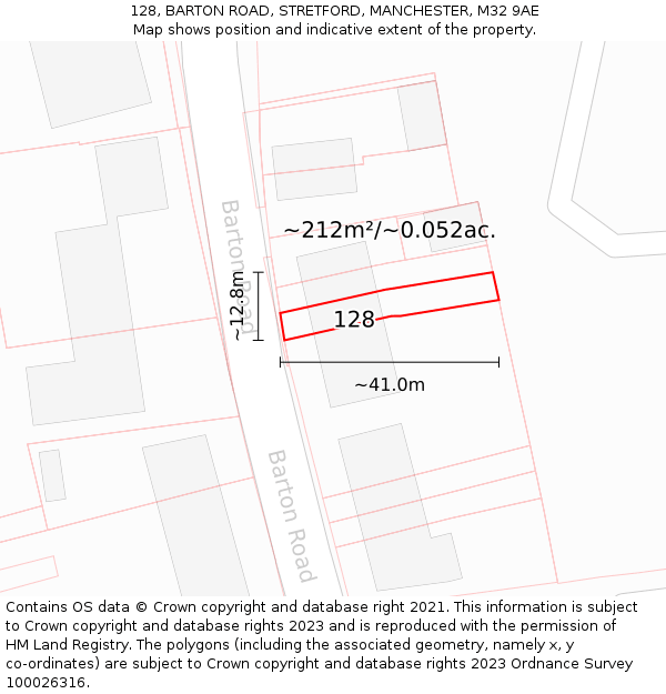 128, BARTON ROAD, STRETFORD, MANCHESTER, M32 9AE: Plot and title map