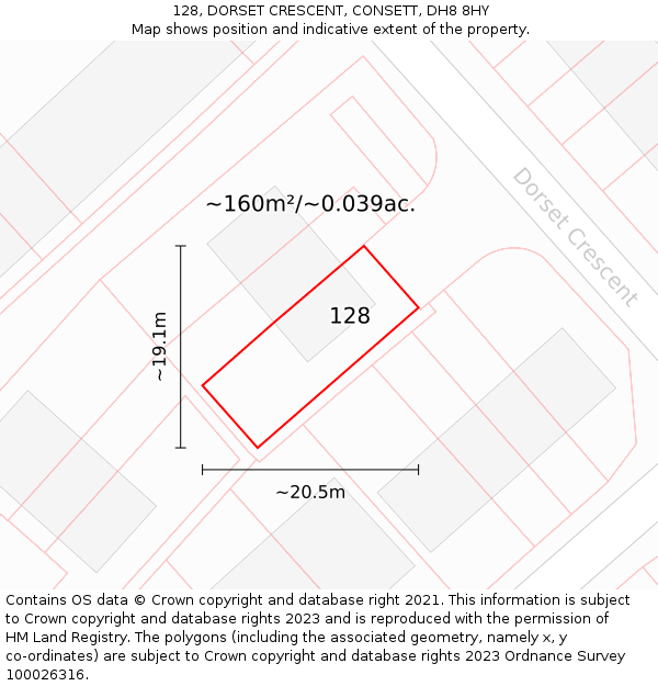 128, DORSET CRESCENT, CONSETT, DH8 8HY: Plot and title map