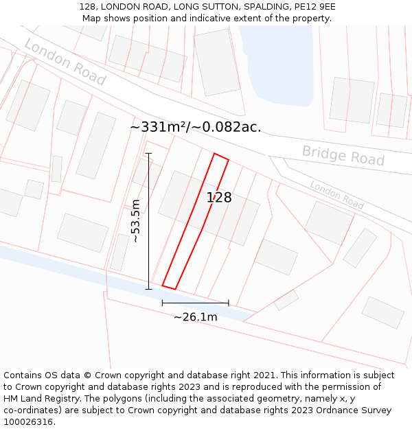 128, LONDON ROAD, LONG SUTTON, SPALDING, PE12 9EE: Plot and title map