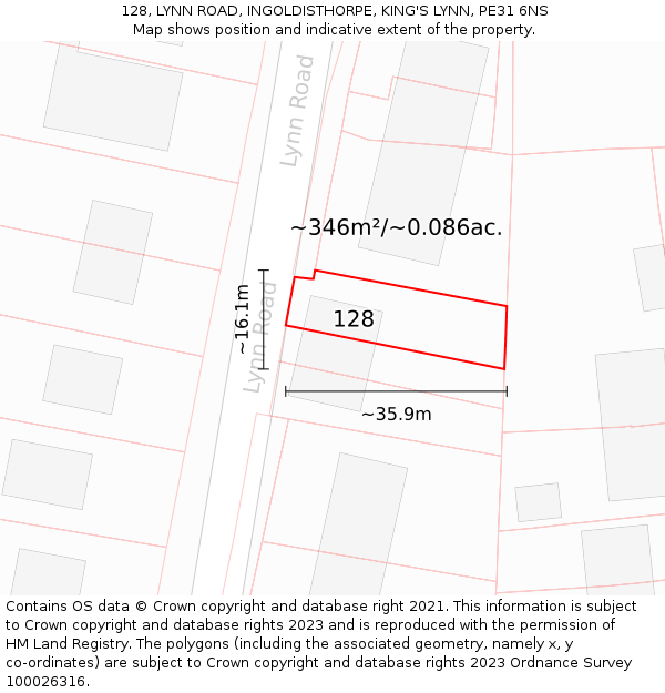 128, LYNN ROAD, INGOLDISTHORPE, KING'S LYNN, PE31 6NS: Plot and title map