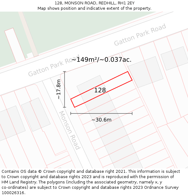 128, MONSON ROAD, REDHILL, RH1 2EY: Plot and title map