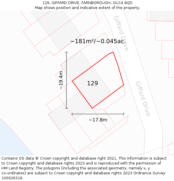 129, GIFFARD DRIVE, FARNBOROUGH, GU14 8QD: Plot and title map