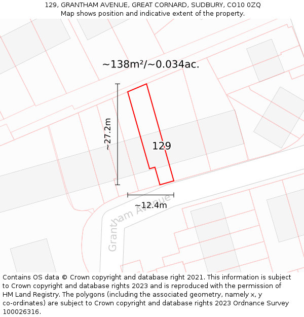 129, GRANTHAM AVENUE, GREAT CORNARD, SUDBURY, CO10 0ZQ: Plot and title map