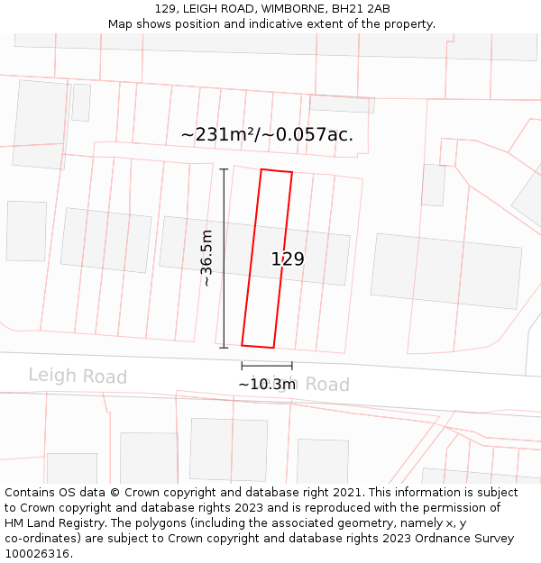 129, LEIGH ROAD, WIMBORNE, BH21 2AB: Plot and title map