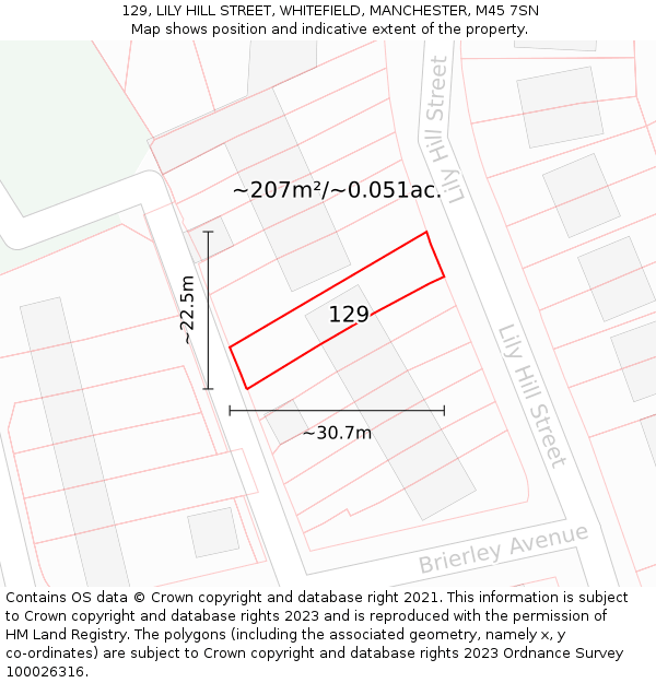 129, LILY HILL STREET, WHITEFIELD, MANCHESTER, M45 7SN: Plot and title map
