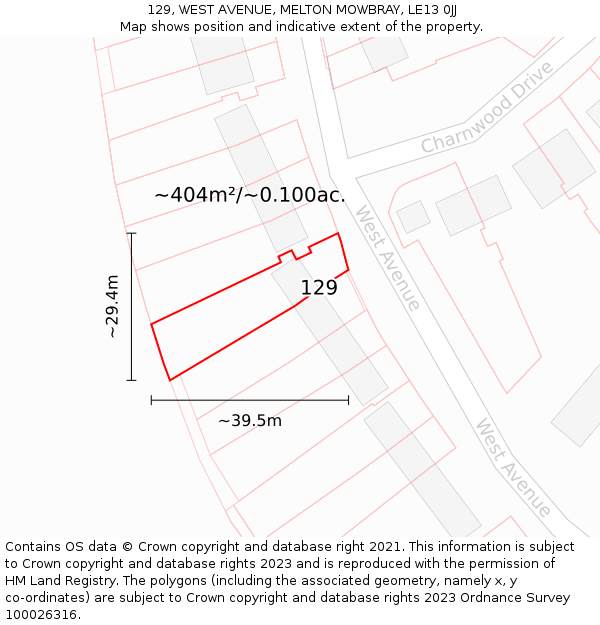 129, WEST AVENUE, MELTON MOWBRAY, LE13 0JJ: Plot and title map