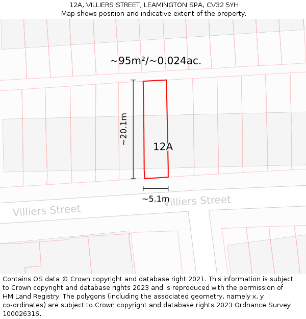 12A, VILLIERS STREET, LEAMINGTON SPA, CV32 5YH: Plot and title map