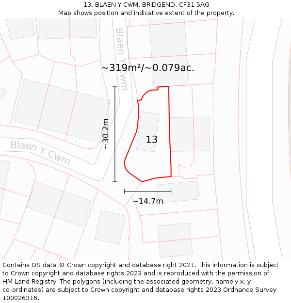 13, BLAEN Y CWM, BRIDGEND, CF31 5AG: Plot and title map
