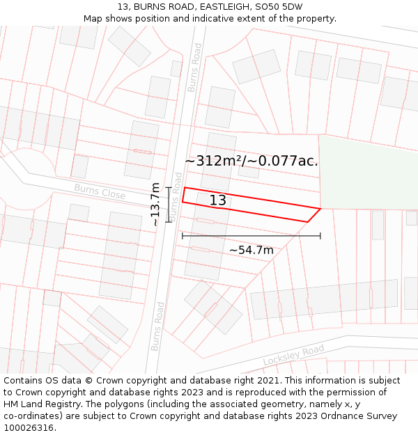 13, BURNS ROAD, EASTLEIGH, SO50 5DW: Plot and title map