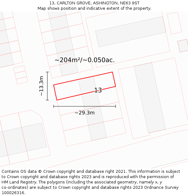 13, CARLTON GROVE, ASHINGTON, NE63 9ST: Plot and title map