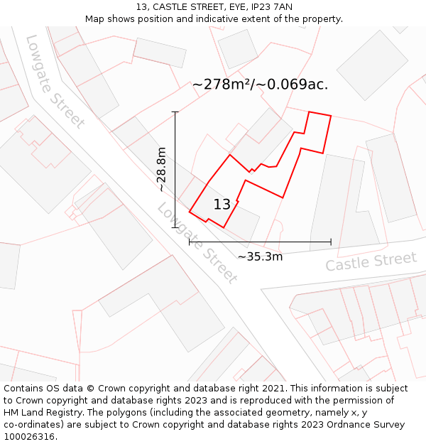 13, CASTLE STREET, EYE, IP23 7AN: Plot and title map