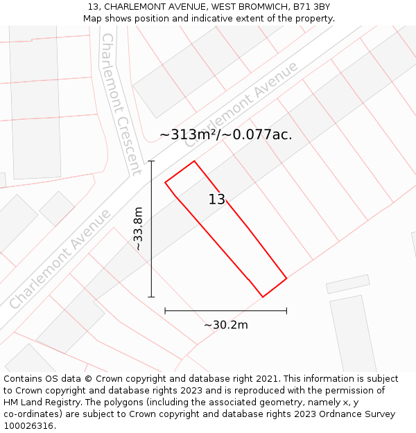13, CHARLEMONT AVENUE, WEST BROMWICH, B71 3BY: Plot and title map