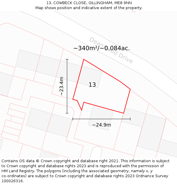 13, COWBECK CLOSE, GILLINGHAM, ME8 9NN: Plot and title map