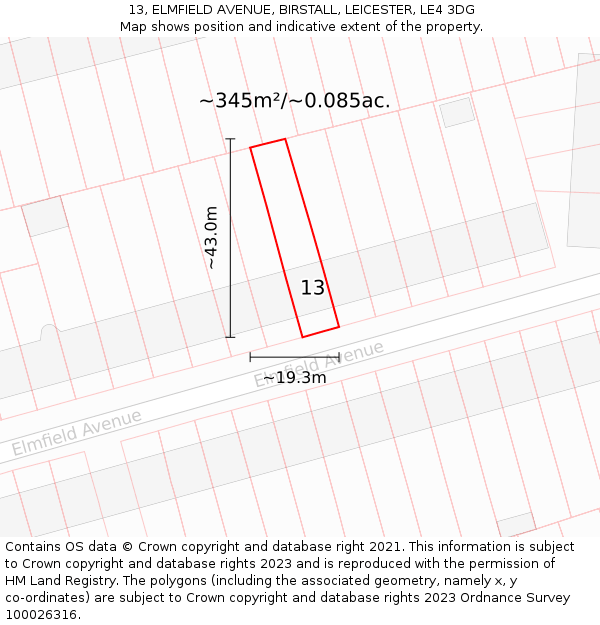 13, ELMFIELD AVENUE, BIRSTALL, LEICESTER, LE4 3DG: Plot and title map