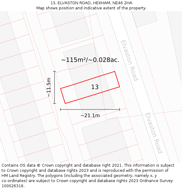 13, ELVASTON ROAD, HEXHAM, NE46 2HA: Plot and title map
