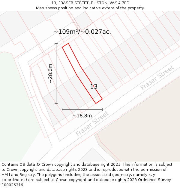 13, FRASER STREET, BILSTON, WV14 7PD: Plot and title map