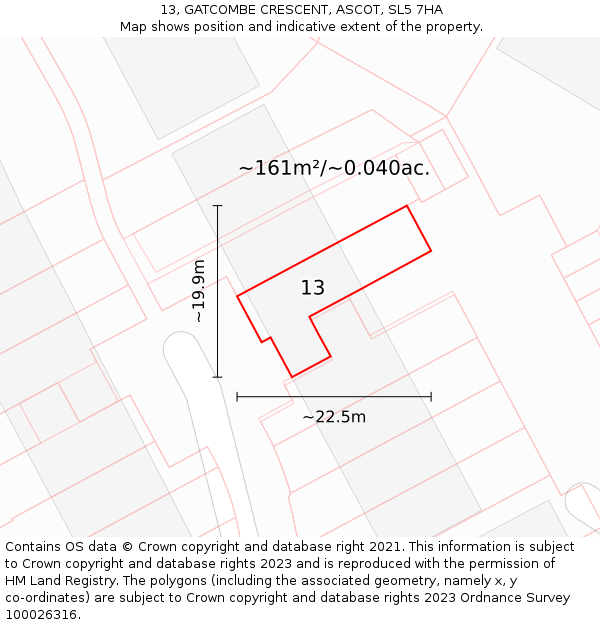 13, GATCOMBE CRESCENT, ASCOT, SL5 7HA: Plot and title map