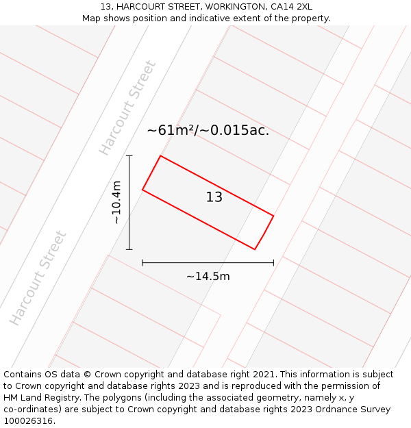 13, HARCOURT STREET, WORKINGTON, CA14 2XL: Plot and title map