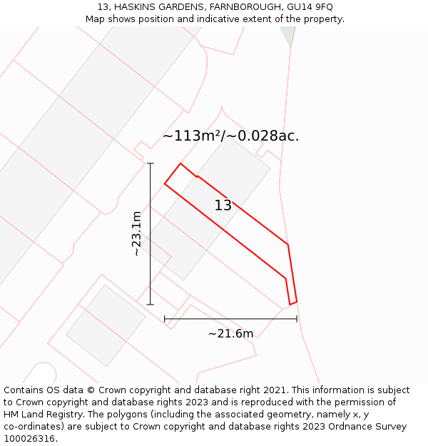 13, HASKINS GARDENS, FARNBOROUGH, GU14 9FQ: Plot and title map