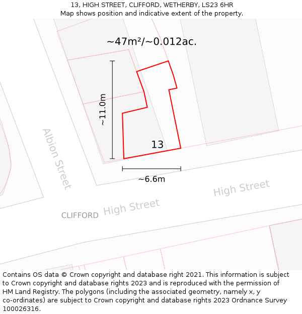 13, HIGH STREET, CLIFFORD, WETHERBY, LS23 6HR: Plot and title map