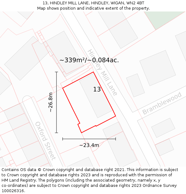 13, HINDLEY MILL LANE, HINDLEY, WIGAN, WN2 4BT: Plot and title map