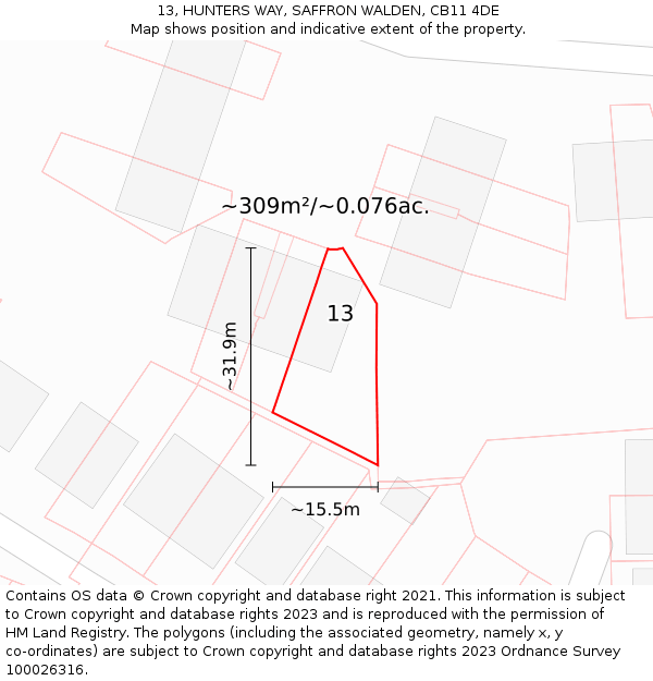 13, HUNTERS WAY, SAFFRON WALDEN, CB11 4DE: Plot and title map