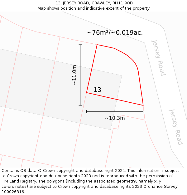 13, JERSEY ROAD, CRAWLEY, RH11 9QB: Plot and title map