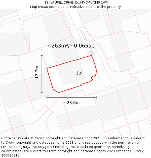 13, LAUREL DRIVE, DUNMOW, CM6 1WP: Plot and title map