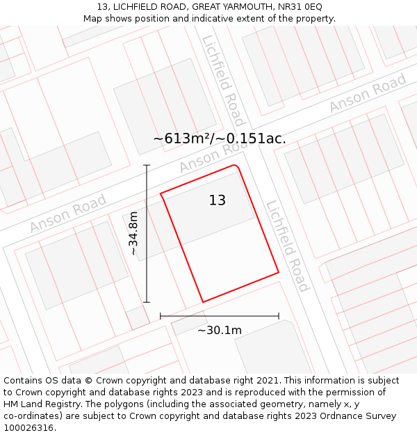 13, LICHFIELD ROAD, GREAT YARMOUTH, NR31 0EQ: Plot and title map