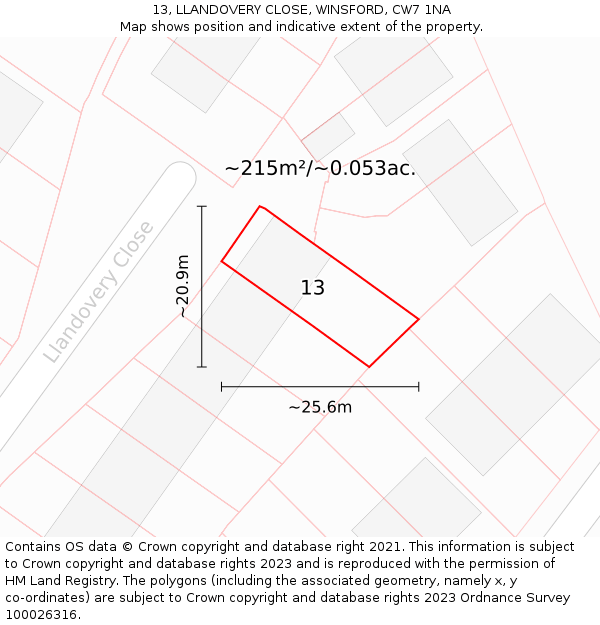 13, LLANDOVERY CLOSE, WINSFORD, CW7 1NA: Plot and title map