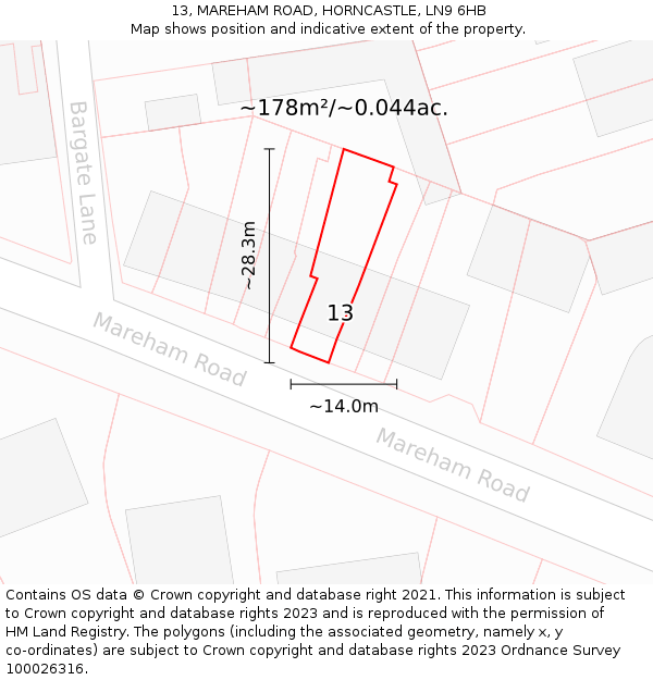 13, MAREHAM ROAD, HORNCASTLE, LN9 6HB: Plot and title map