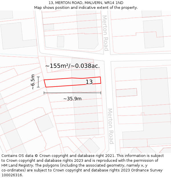 13, MERTON ROAD, MALVERN, WR14 1ND: Plot and title map