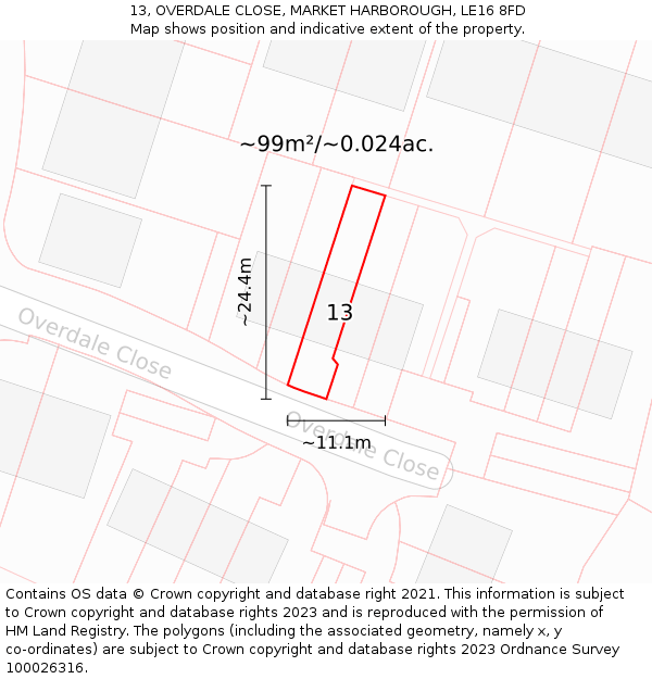 13, OVERDALE CLOSE, MARKET HARBOROUGH, LE16 8FD: Plot and title map