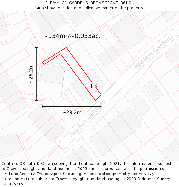 13, PAVILION GARDENS, BROMSGROVE, B61 0UH: Plot and title map