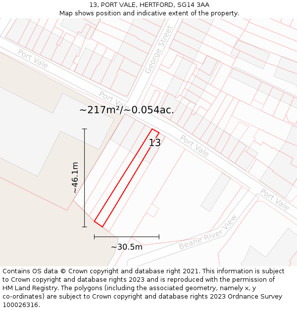 13, PORT VALE, HERTFORD, SG14 3AA: Plot and title map