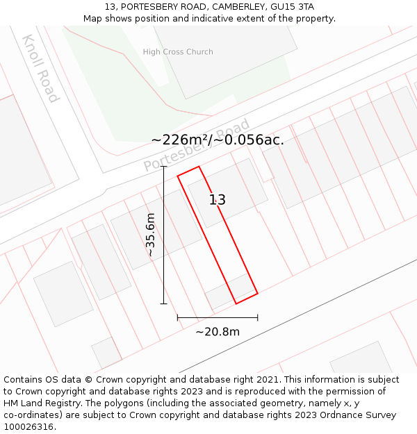 13, PORTESBERY ROAD, CAMBERLEY, GU15 3TA: Plot and title map