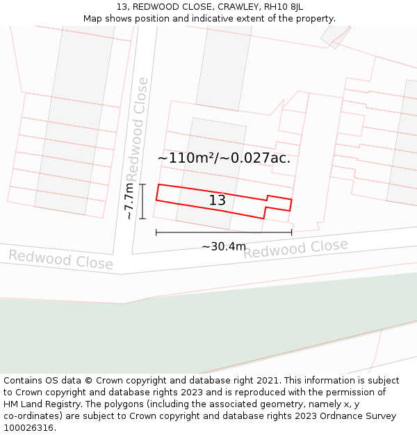 13, REDWOOD CLOSE, CRAWLEY, RH10 8JL: Plot and title map