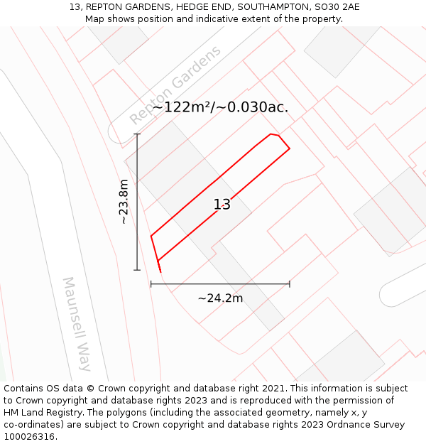 13, REPTON GARDENS, HEDGE END, SOUTHAMPTON, SO30 2AE: Plot and title map
