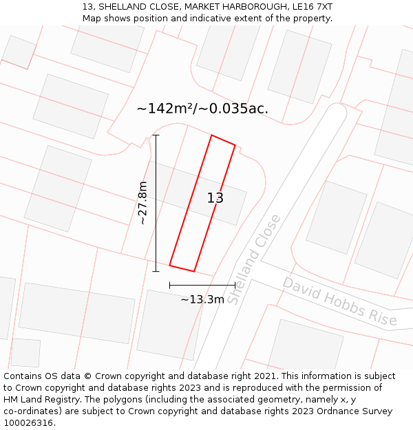 13, SHELLAND CLOSE, MARKET HARBOROUGH, LE16 7XT: Plot and title map