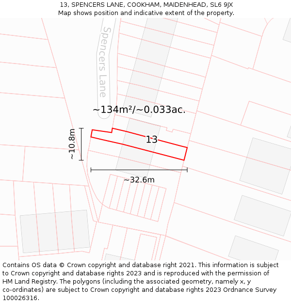 13, SPENCERS LANE, COOKHAM, MAIDENHEAD, SL6 9JX: Plot and title map