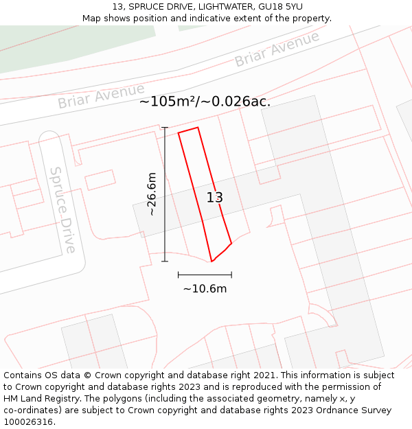 13, SPRUCE DRIVE, LIGHTWATER, GU18 5YU: Plot and title map
