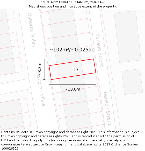 13, SUNNY TERRACE, STANLEY, DH9 8AW: Plot and title map